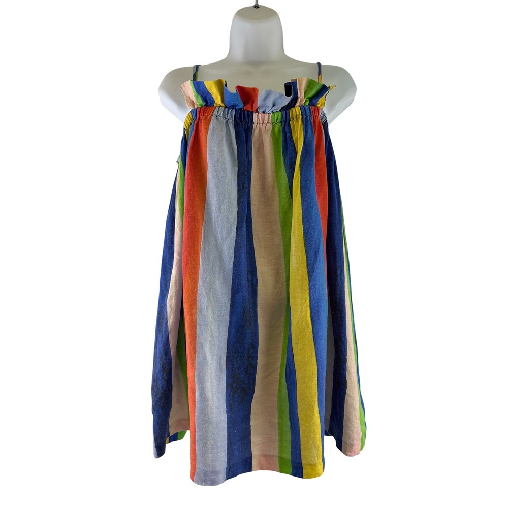 Mara Hoffman Gathered Mini Dress Organic Linen Multi Striped Bright Women Small